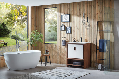 LYON 30” BEIGE/WALNUT MODERN FREESTANDING BATHROOM VANITY (WHITE COUNTERTOP)