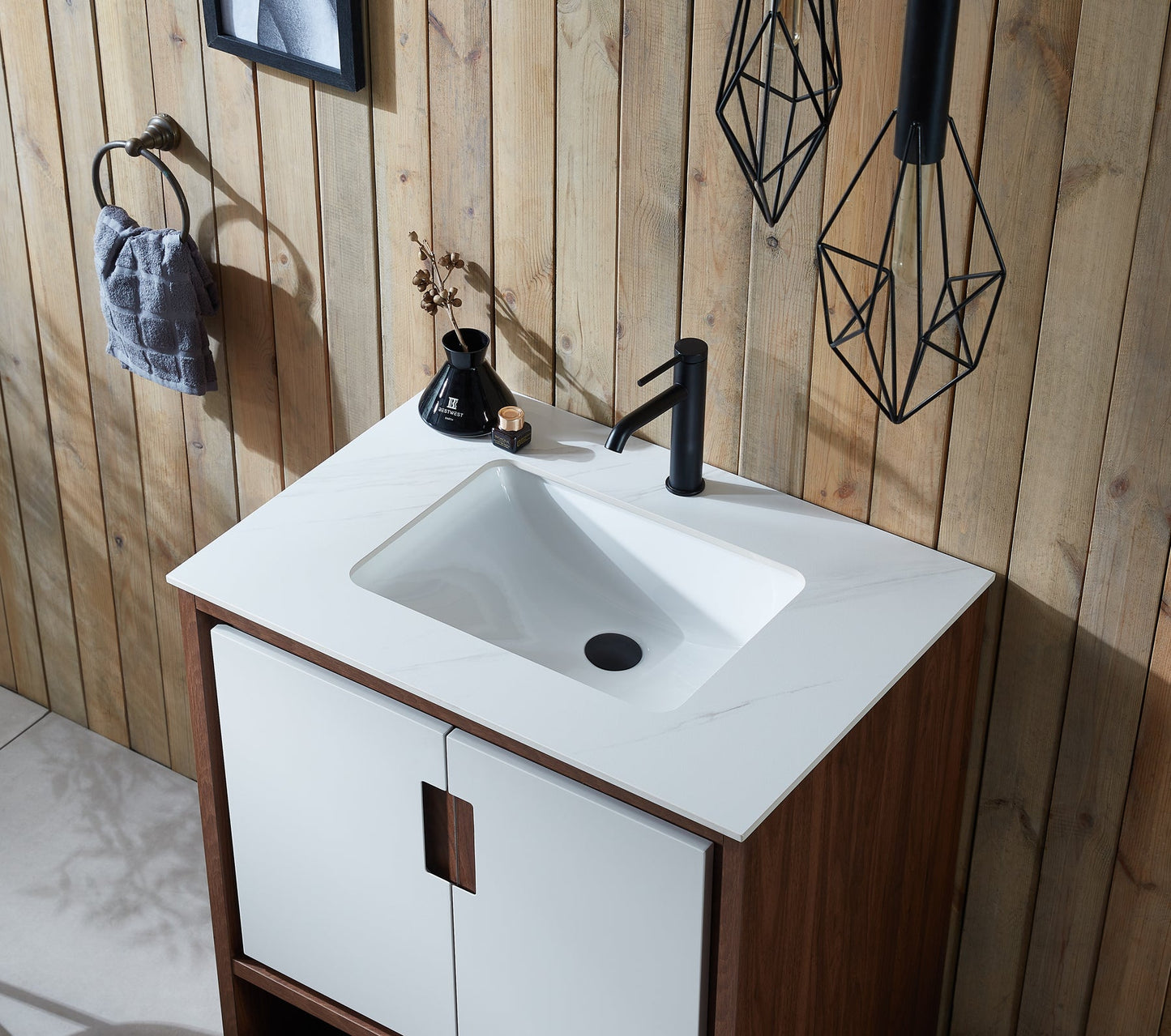 LYON 30” BEIGE/WALNUT MODERN FREESTANDING BATHROOM VANITY (WHITE COUNTERTOP)