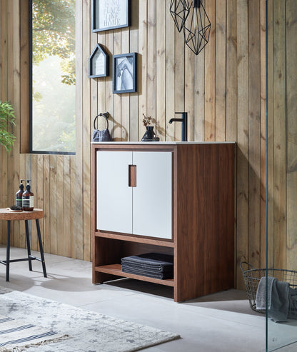 LYON 30” BEIGE/WALNUT MODERN FREESTANDING BATHROOM VANITY (WHITE COUNTERTOP)