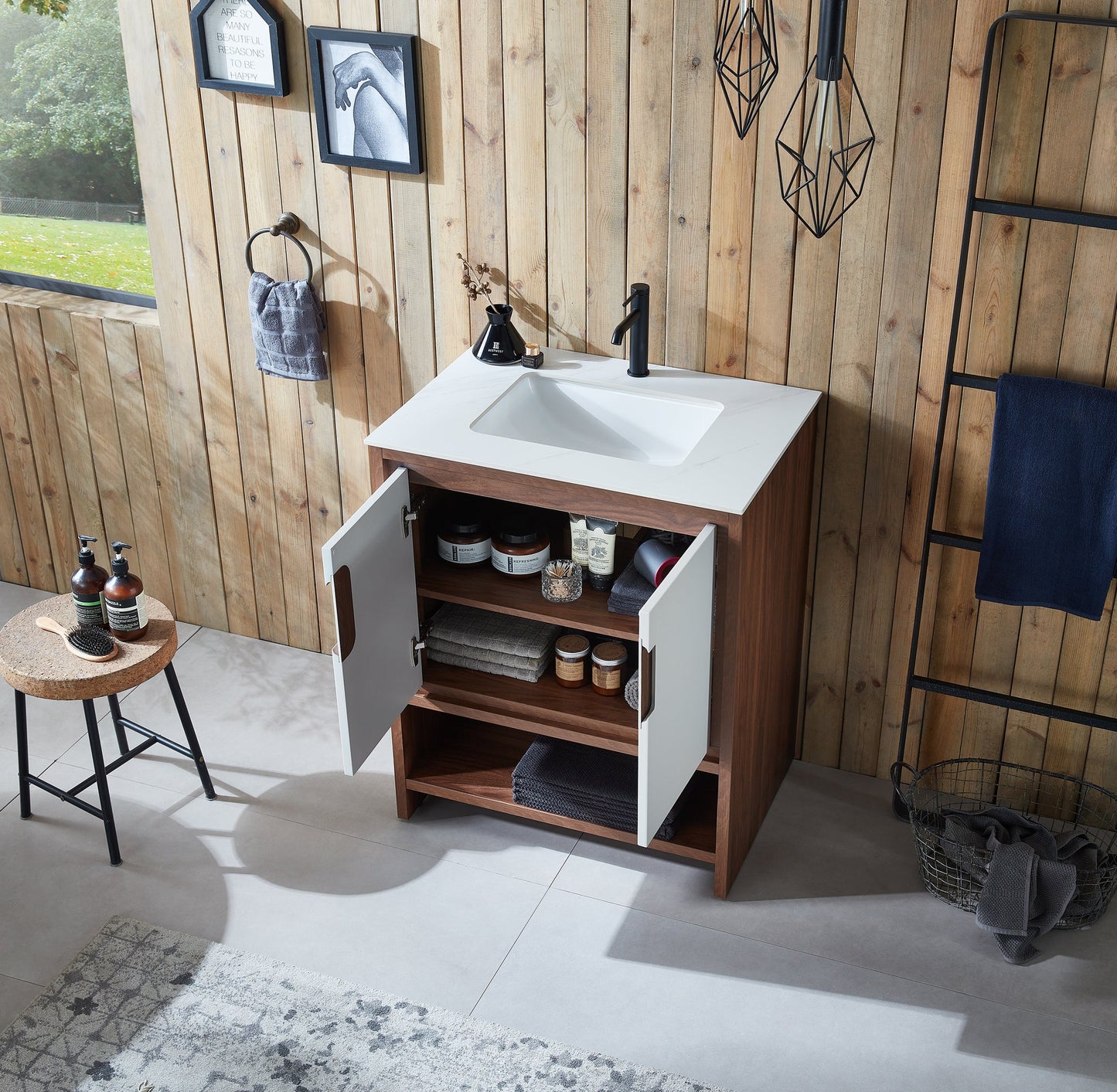LYON 30” BEIGE/WALNUT MODERN FREESTANDING BATHROOM VANITY (WHITE COUNTERTOP)