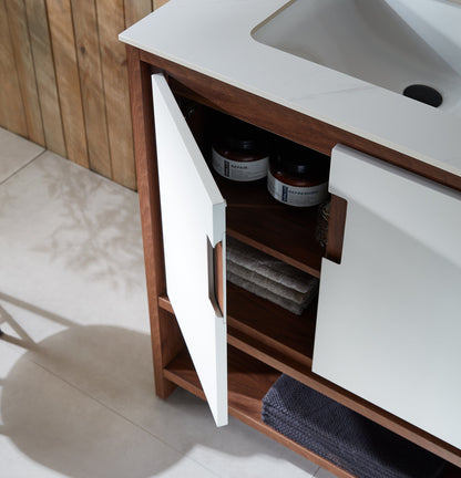 LYON 30” BEIGE/WALNUT MODERN FREESTANDING BATHROOM VANITY (WHITE COUNTERTOP)