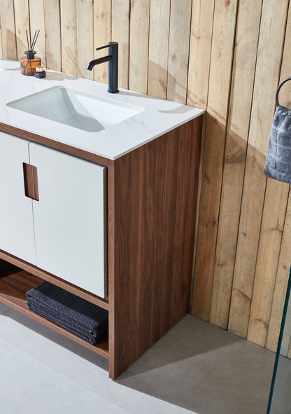 LYON 60” BEIGE/WALNUT MODERN FREESTANDING BATHROOM VANITY (WHITE COUNTERTOP)