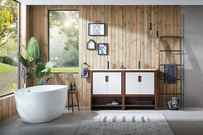 LYON 60” BEIGE/WALNUT MODERN FREESTANDING BATHROOM VANITY (WHITE COUNTERTOP)