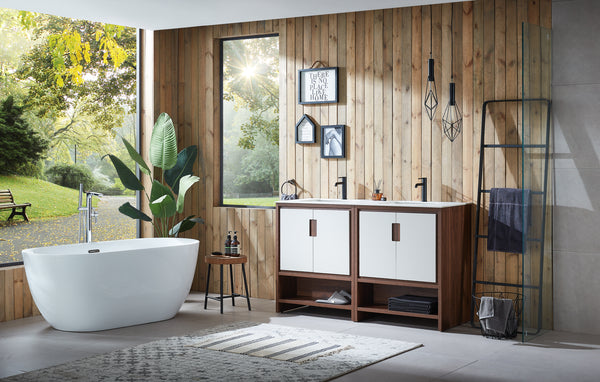 LYON 60” BEIGE/WALNUT MODERN FREESTANDING BATHROOM VANITY (WHITE COUNTERTOP)