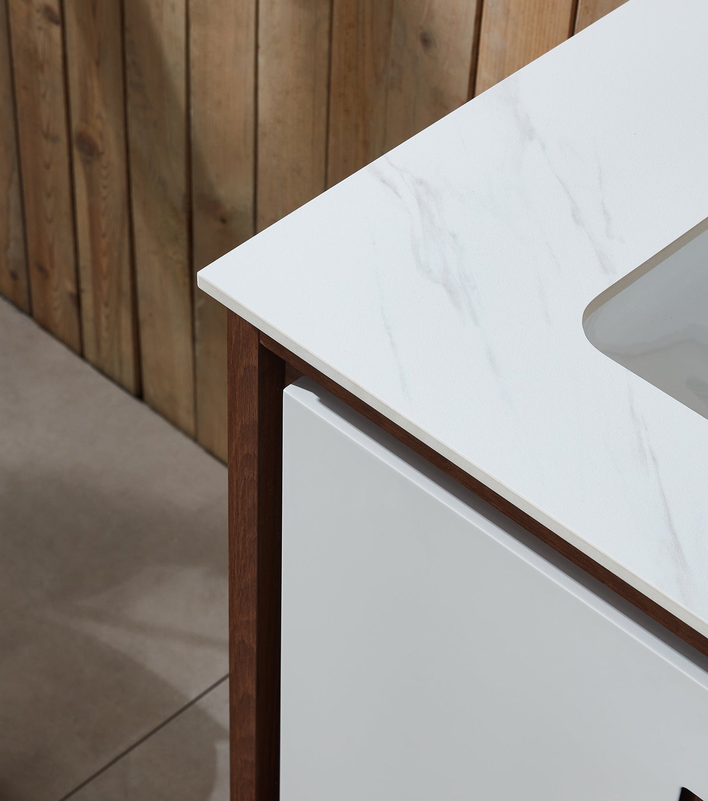 LYON 60” BEIGE/WALNUT MODERN FREESTANDING BATHROOM VANITY (WHITE COUNTERTOP)