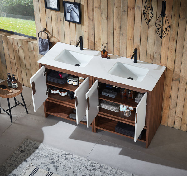 LYON 60” BEIGE/WALNUT MODERN FREESTANDING BATHROOM VANITY (WHITE COUNTERTOP)