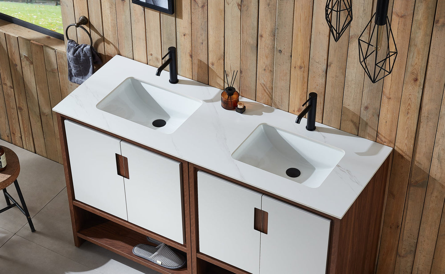 LYON 60” BEIGE/WALNUT MODERN FREESTANDING BATHROOM VANITY (WHITE COUNTERTOP)
