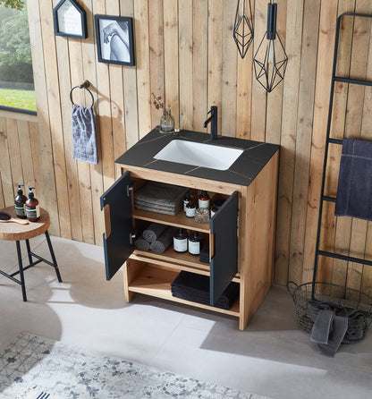 LYON 30” BLACK OF NIGHT/MAPLE MODERN FREESTANDING BATHROOM VANITY (BLACK COUNTERTOP)
