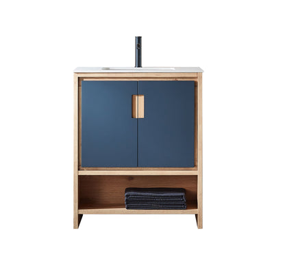 LYON 30” BLACK OF NIGHT/MAPLE MODERN FREESTANDING BATHROOM VANITY (WHITE COUNTERTOP)