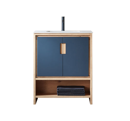 LYON 30” BLACK OF NIGHT/MAPLE MODERN FREESTANDING BATHROOM VANITY (WHITE COUNTERTOP)