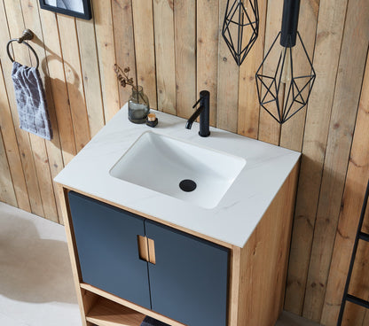 LYON 30” BLACK OF NIGHT/MAPLE MODERN FREESTANDING BATHROOM VANITY (WHITE COUNTERTOP)