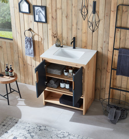 LYON 30” BLACK OF NIGHT/MAPLE MODERN FREESTANDING BATHROOM VANITY (WHITE COUNTERTOP)