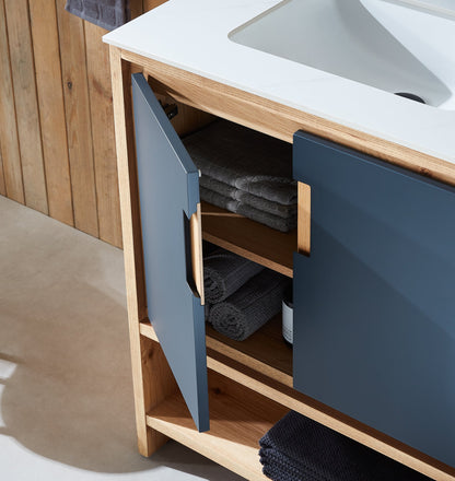 LYON 30” BLACK OF NIGHT/MAPLE MODERN FREESTANDING BATHROOM VANITY (WHITE COUNTERTOP)