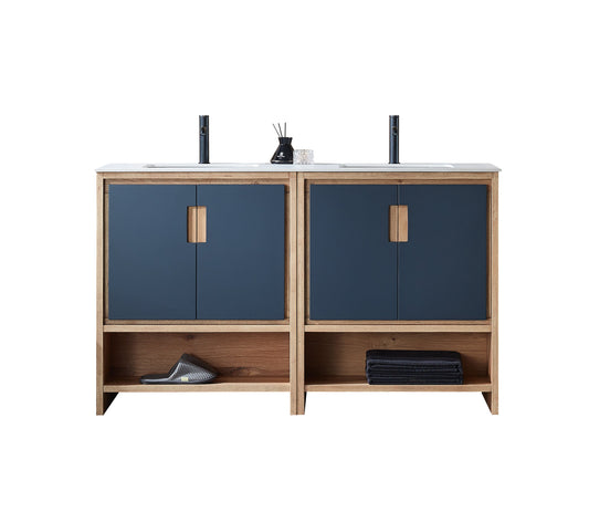LYON 60” BLACK OF NIGHT/MAPLE MODERN FREESTANDING BATHROOM VANITY (WHITE COUNTERTOP)