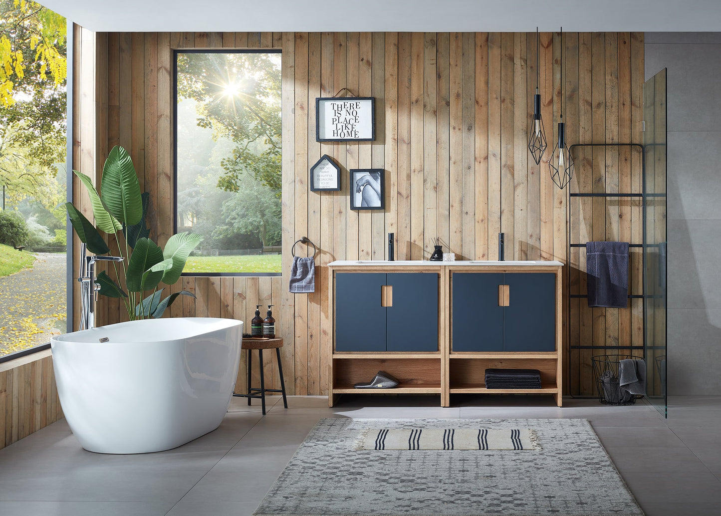 LYON 60” BLACK OF NIGHT/MAPLE MODERN FREESTANDING BATHROOM VANITY (WHITE COUNTERTOP)