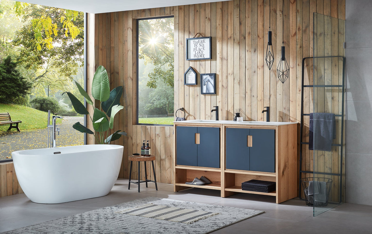 LYON 60” BLACK OF NIGHT/MAPLE MODERN FREESTANDING BATHROOM VANITY (WHITE COUNTERTOP)