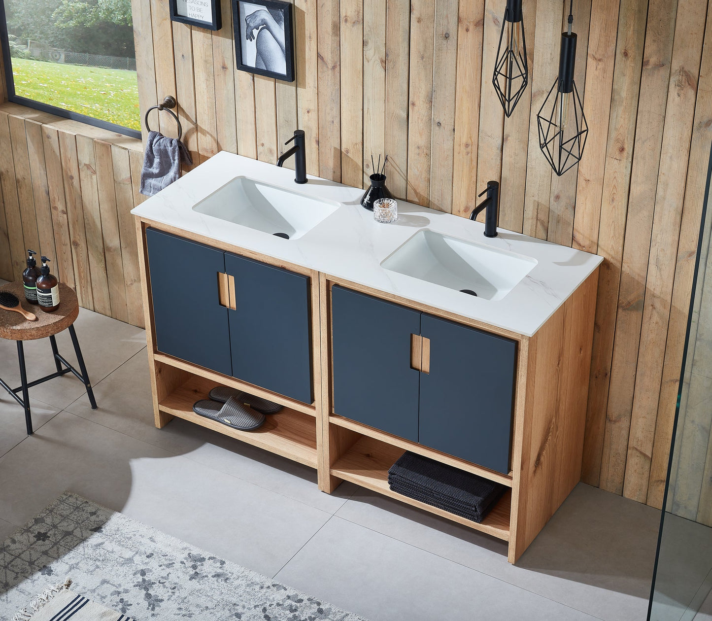 LYON 60” BLACK OF NIGHT/MAPLE MODERN FREESTANDING BATHROOM VANITY (WHITE COUNTERTOP)