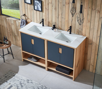 LYON 60” BLACK OF NIGHT/MAPLE MODERN FREESTANDING BATHROOM VANITY (WHITE COUNTERTOP)