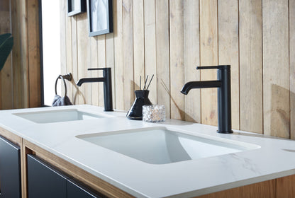 LYON 60” BLACK OF NIGHT/MAPLE MODERN FREESTANDING BATHROOM VANITY (WHITE COUNTERTOP)