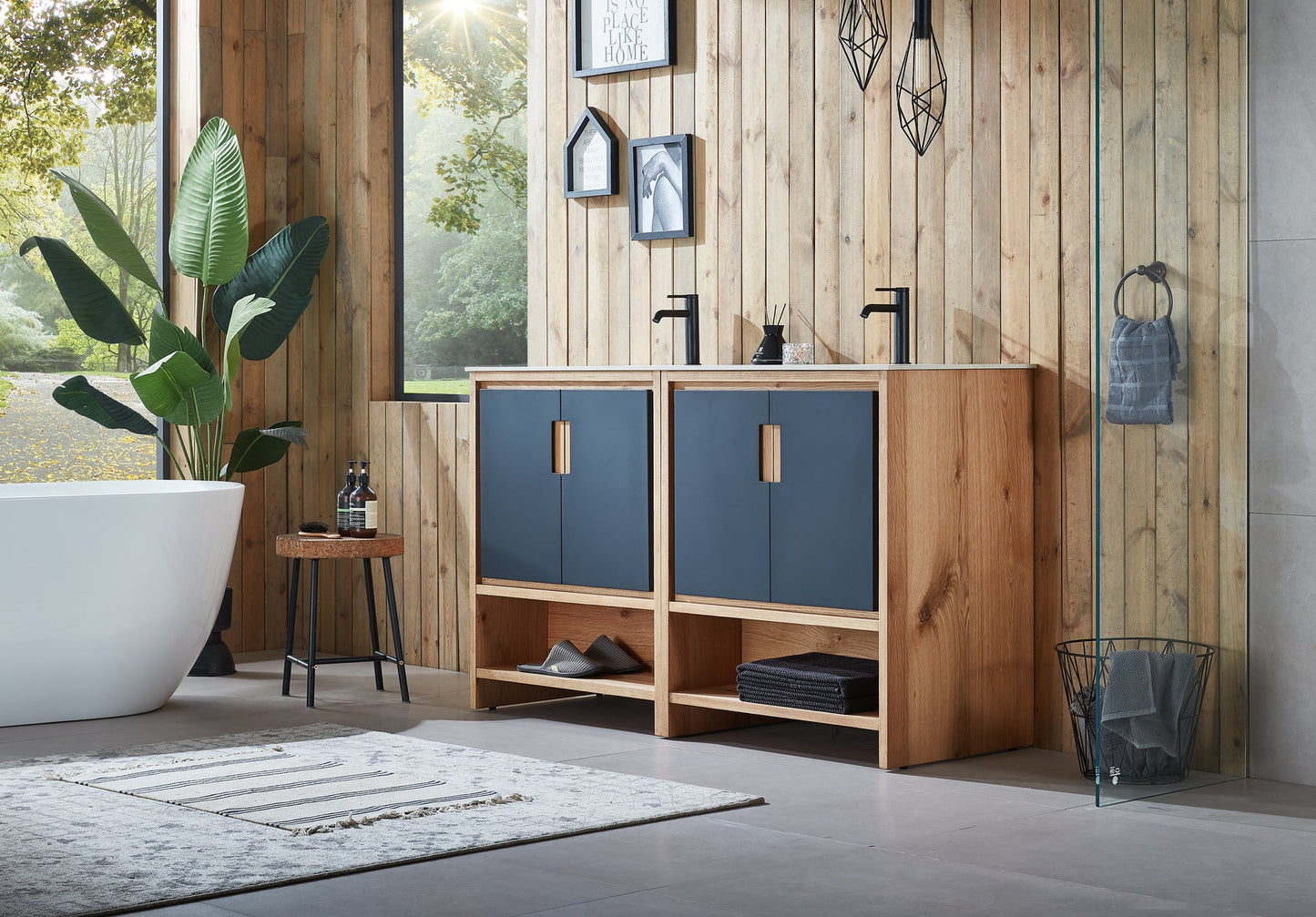 LYON 60” BLACK OF NIGHT/MAPLE MODERN FREESTANDING BATHROOM VANITY (WHITE COUNTERTOP)