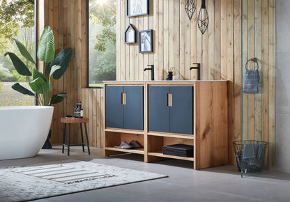 LYON 60” BLACK OF NIGHT/MAPLE MODERN FREESTANDING BATHROOM VANITY (WHITE COUNTERTOP)