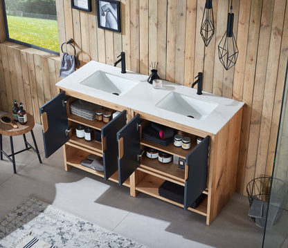 LYON 60” BLACK OF NIGHT/MAPLE MODERN FREESTANDING BATHROOM VANITY (WHITE COUNTERTOP)