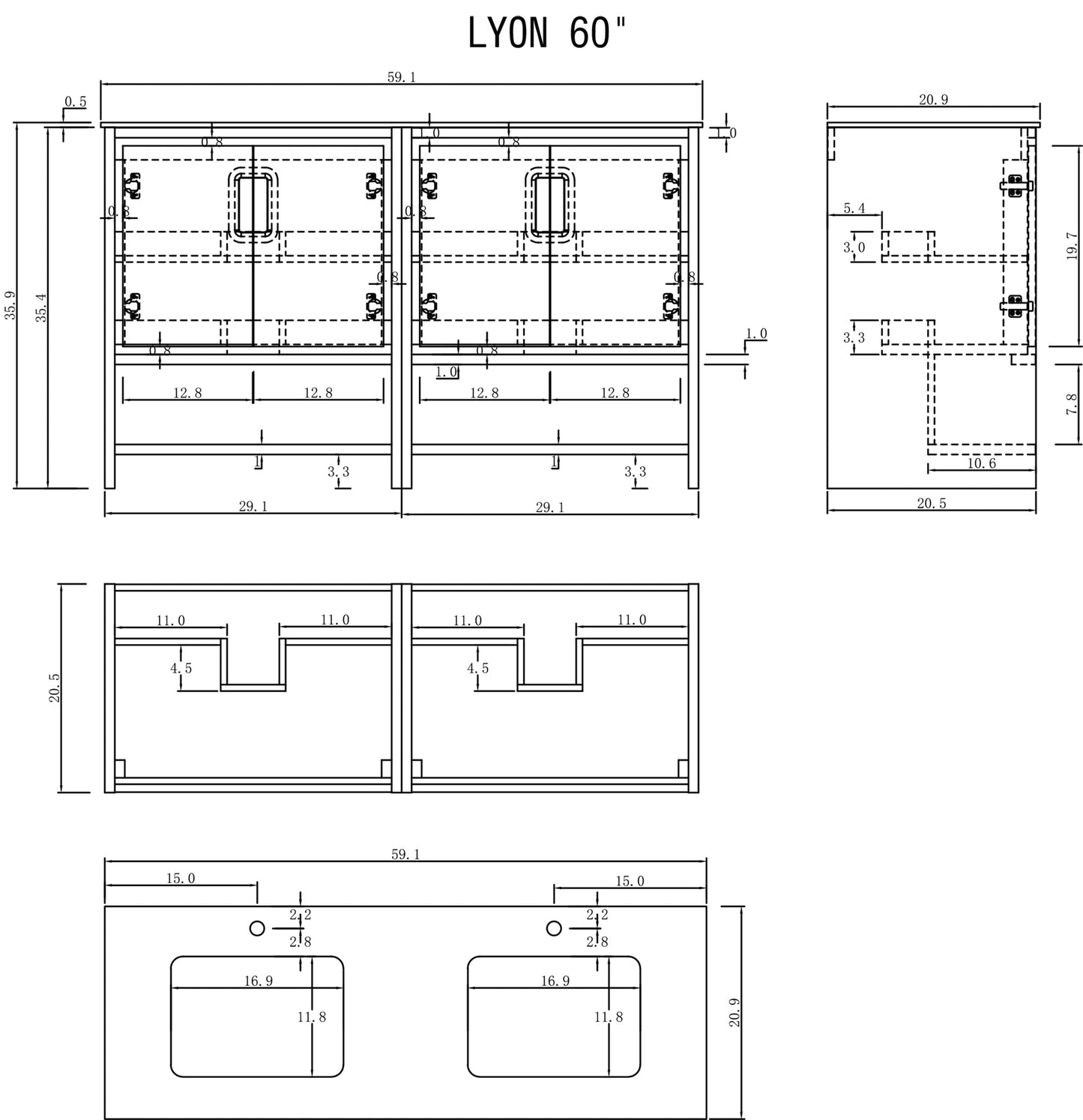 LYON 60” BLACK OF NIGHT/MAPLE MODERN FREESTANDING BATHROOM VANITY (WHITE COUNTERTOP)
