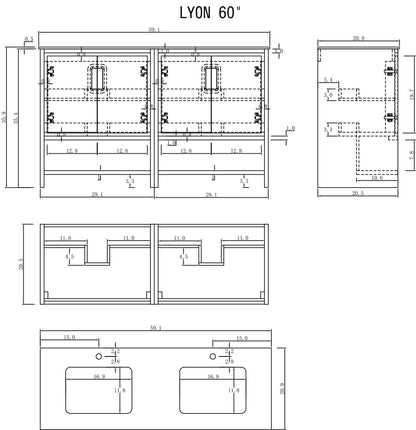 LYON 60” BLACK OF NIGHT/MAPLE MODERN FREESTANDING BATHROOM VANITY (WHITE COUNTERTOP)