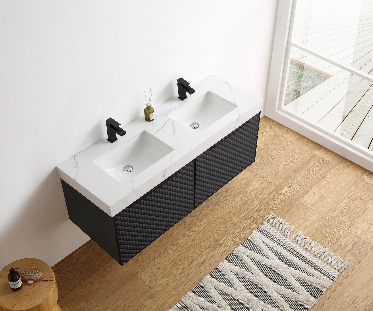 MANAROLA 48” BLACK OF NIGHT WITH THICK QUARTZ WALL MOUNT MODERN BATHROOM VANITY