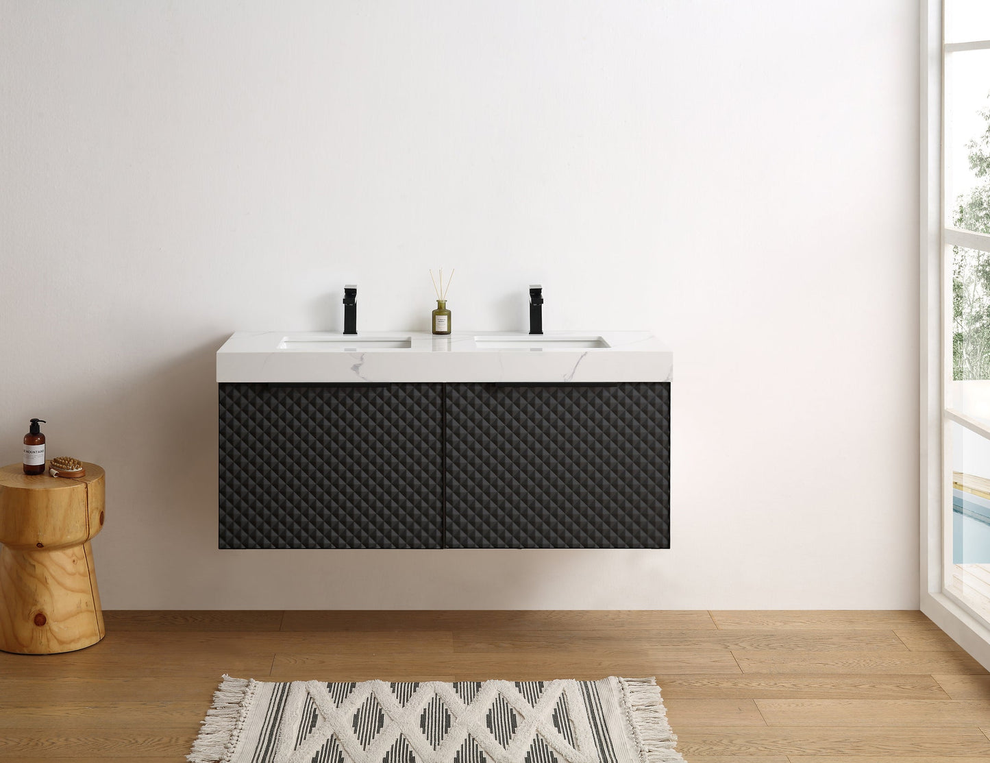 MANAROLA 48” BLACK OF NIGHT WITH THICK QUARTZ WALL MOUNT MODERN BATHROOM VANITY