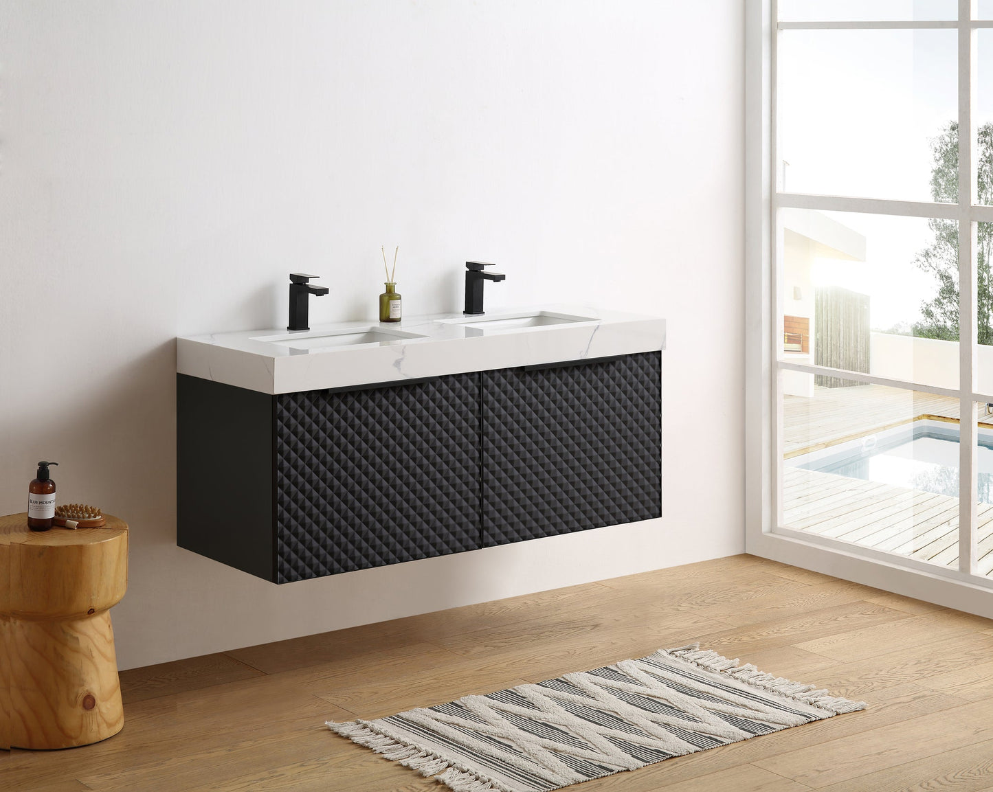 MANAROLA 48” BLACK OF NIGHT WITH THICK QUARTZ WALL MOUNT MODERN BATHROOM VANITY