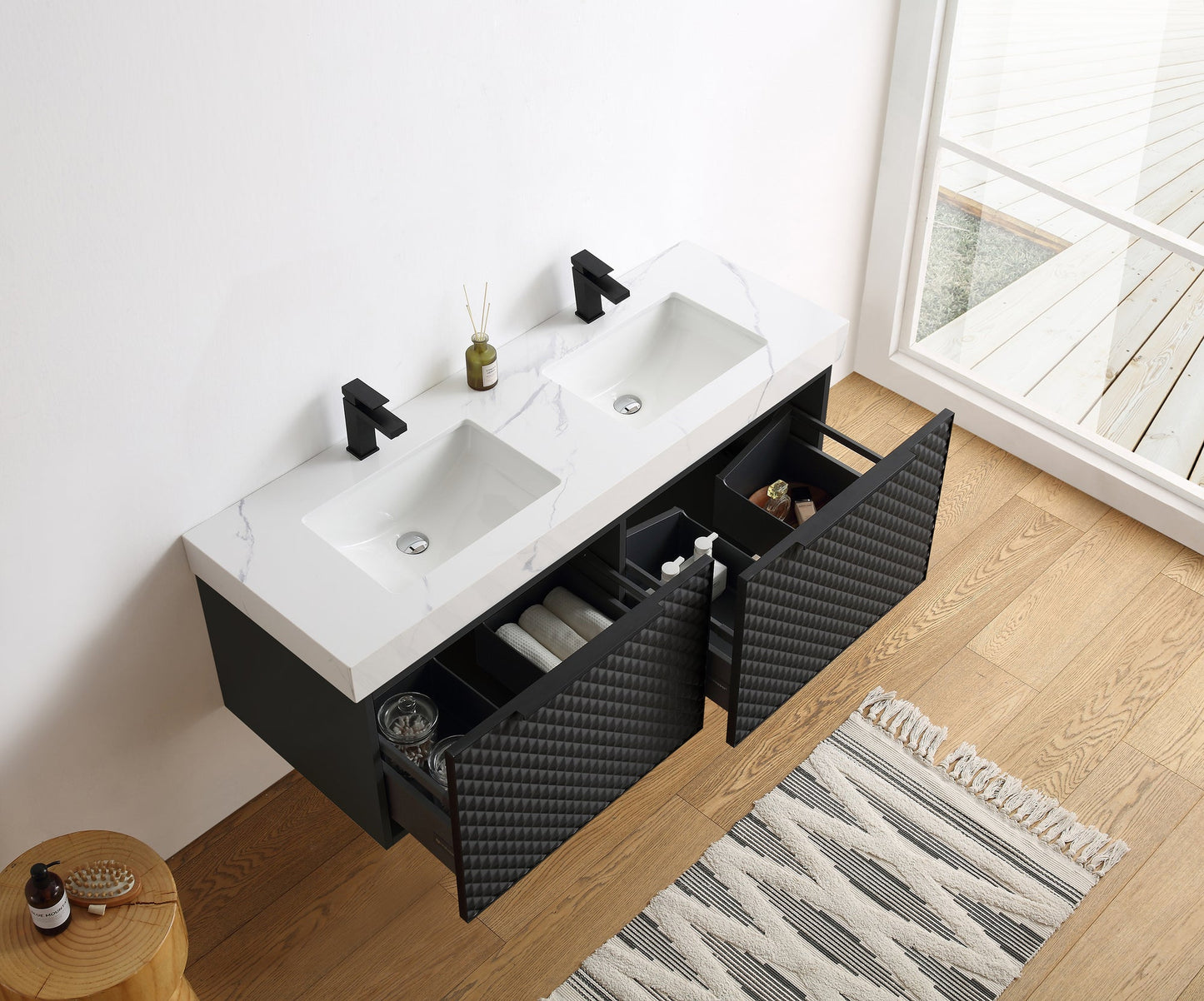 MANAROLA 48” BLACK OF NIGHT WITH THICK QUARTZ WALL MOUNT MODERN BATHROOM VANITY