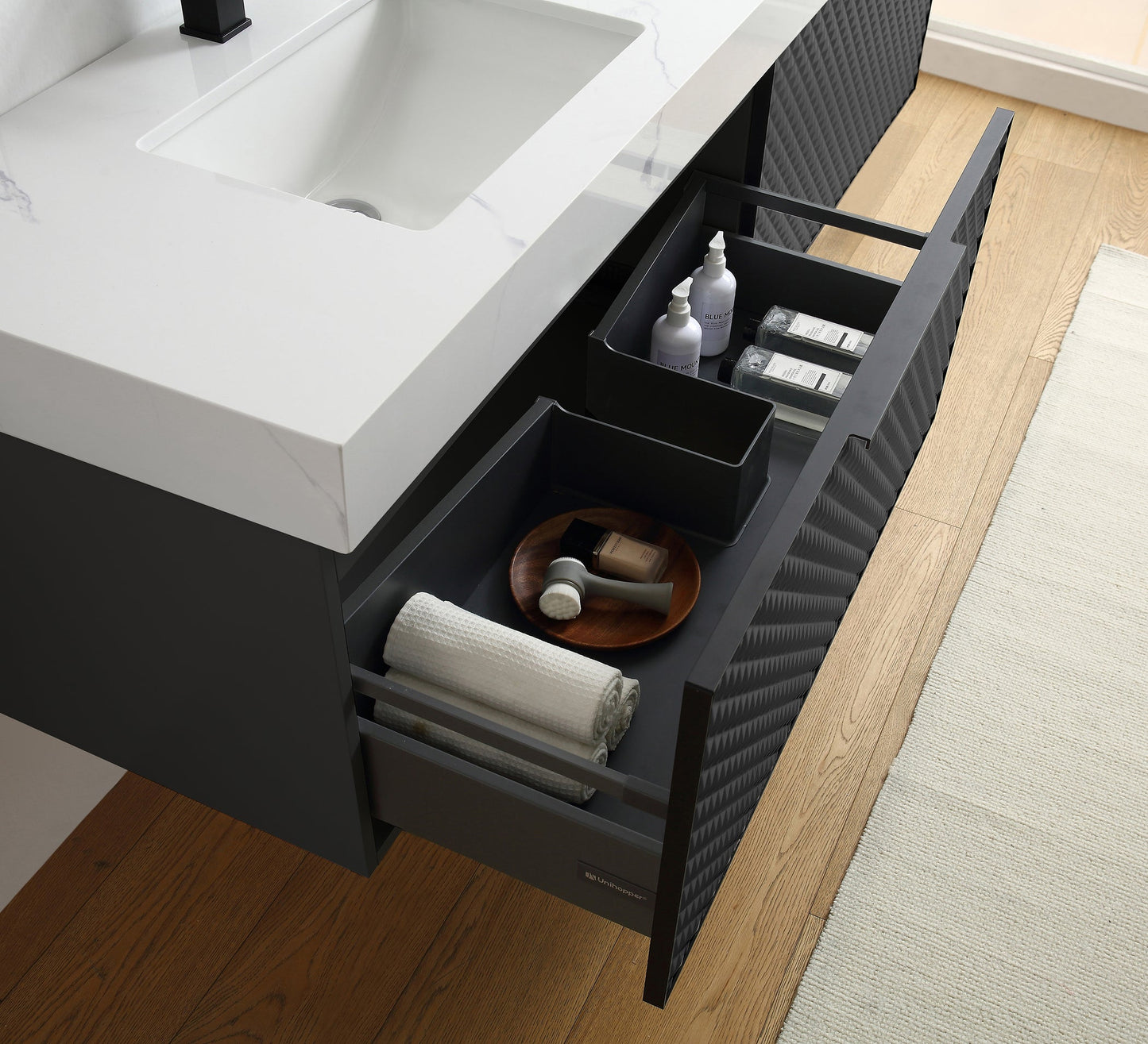 MANAROLA 48” BLACK OF NIGHT WITH THICK QUARTZ WALL MOUNT MODERN BATHROOM VANITY