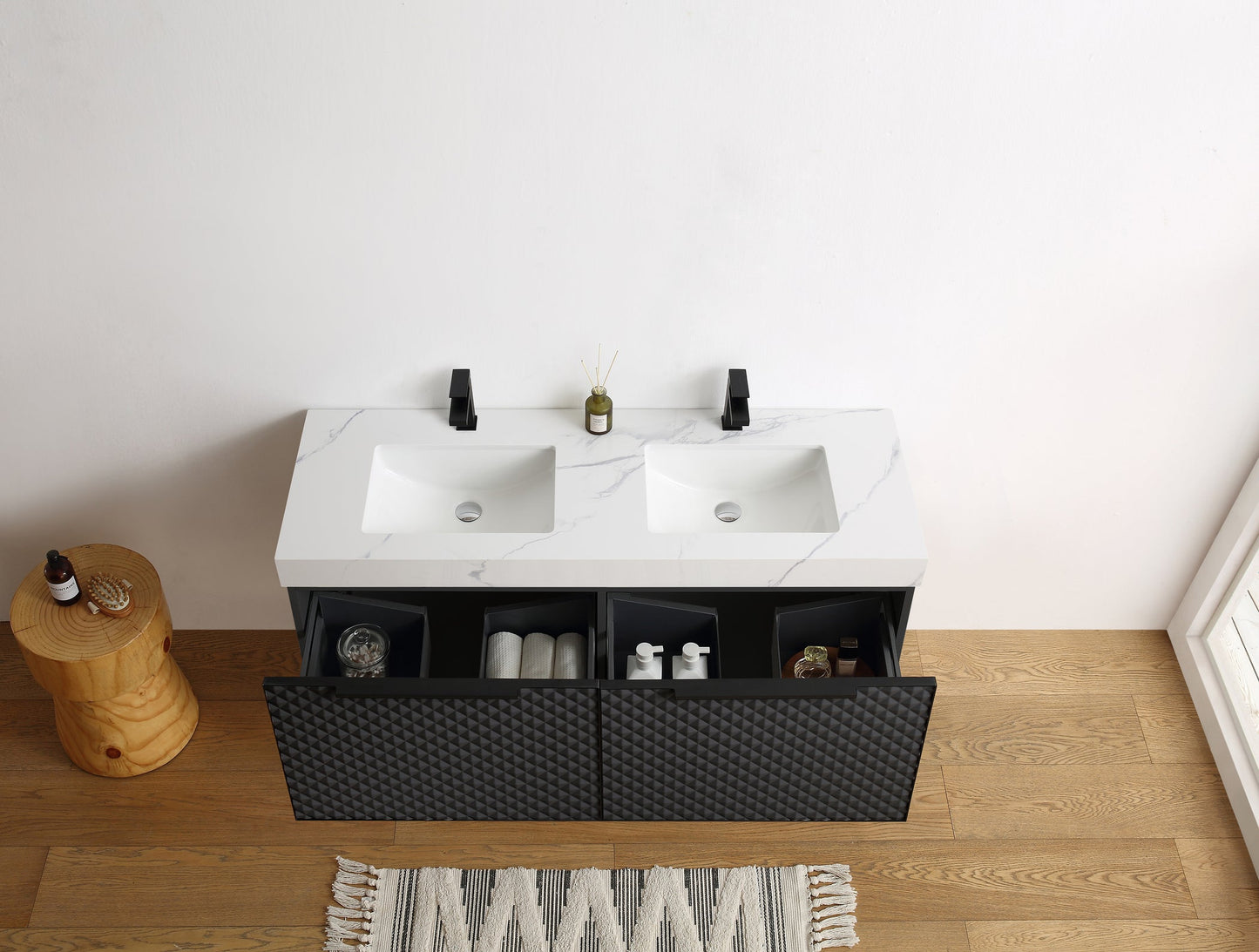 MANAROLA 48” BLACK OF NIGHT WITH THICK QUARTZ WALL MOUNT MODERN BATHROOM VANITY