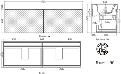 MANAROLA 60” SILVER GRAY WITH THICK QUARTZ WALL MOUNT MODERN BATHROOM VANITY