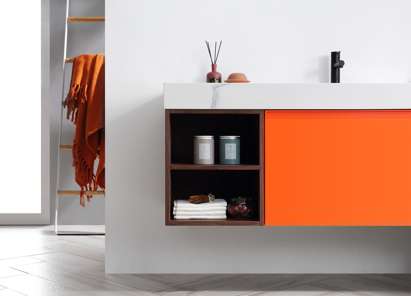 MANAROLA 60” RED AMBER/WALNUT WITH THICK QUARTZ WALL MOUNT MODERN BATHROOM VANITY (OPEN SHELVES)