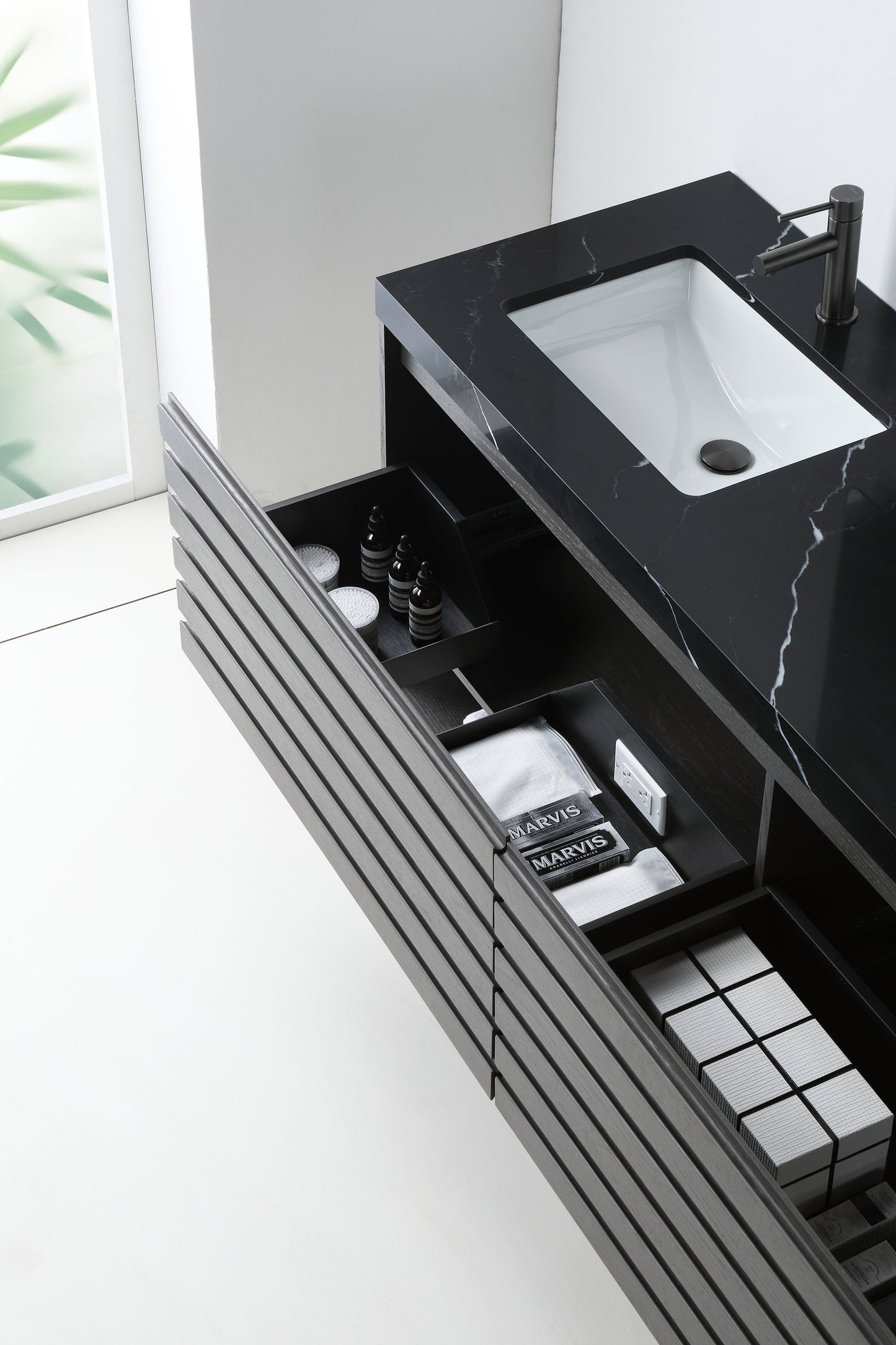 MATERA 72” CHARCOAL WALL MOUNT MODERN BATHROOM VANITY (BLACK COUNTERTOP)