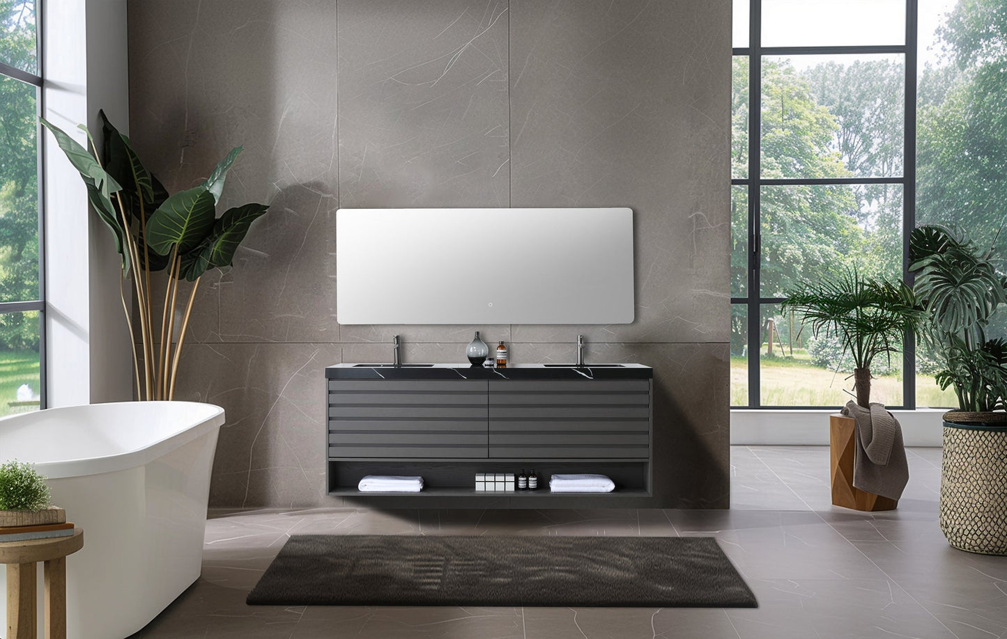 MATERA 72” CHARCOAL WALL MOUNT MODERN BATHROOM VANITY (BLACK COUNTERTOP)