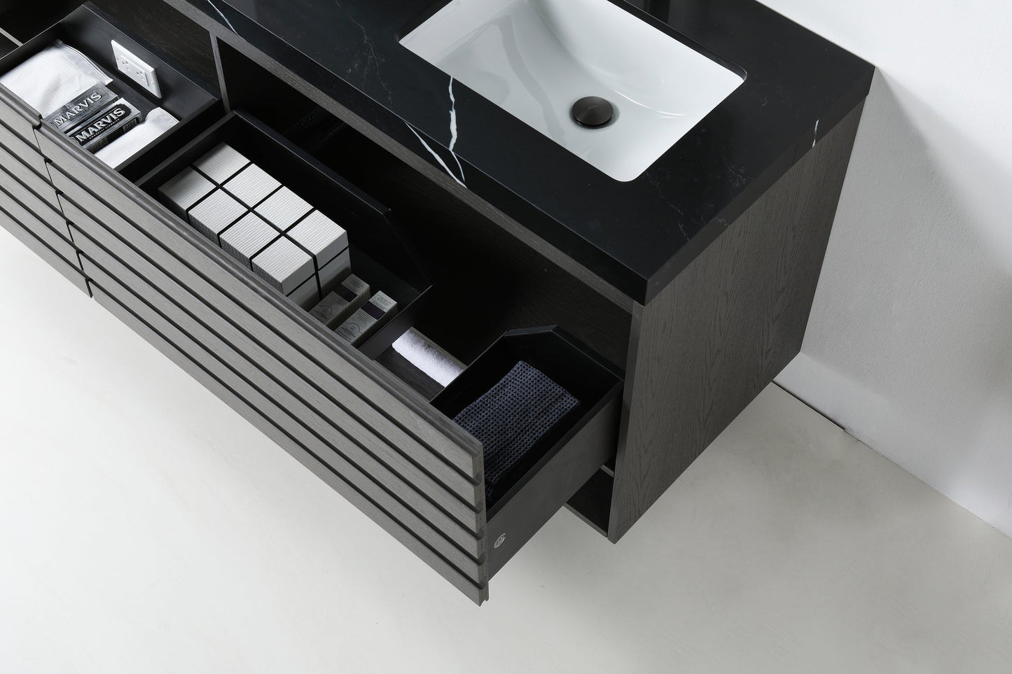 MATERA 72” CHARCOAL WALL MOUNT MODERN BATHROOM VANITY (BLACK COUNTERTOP)