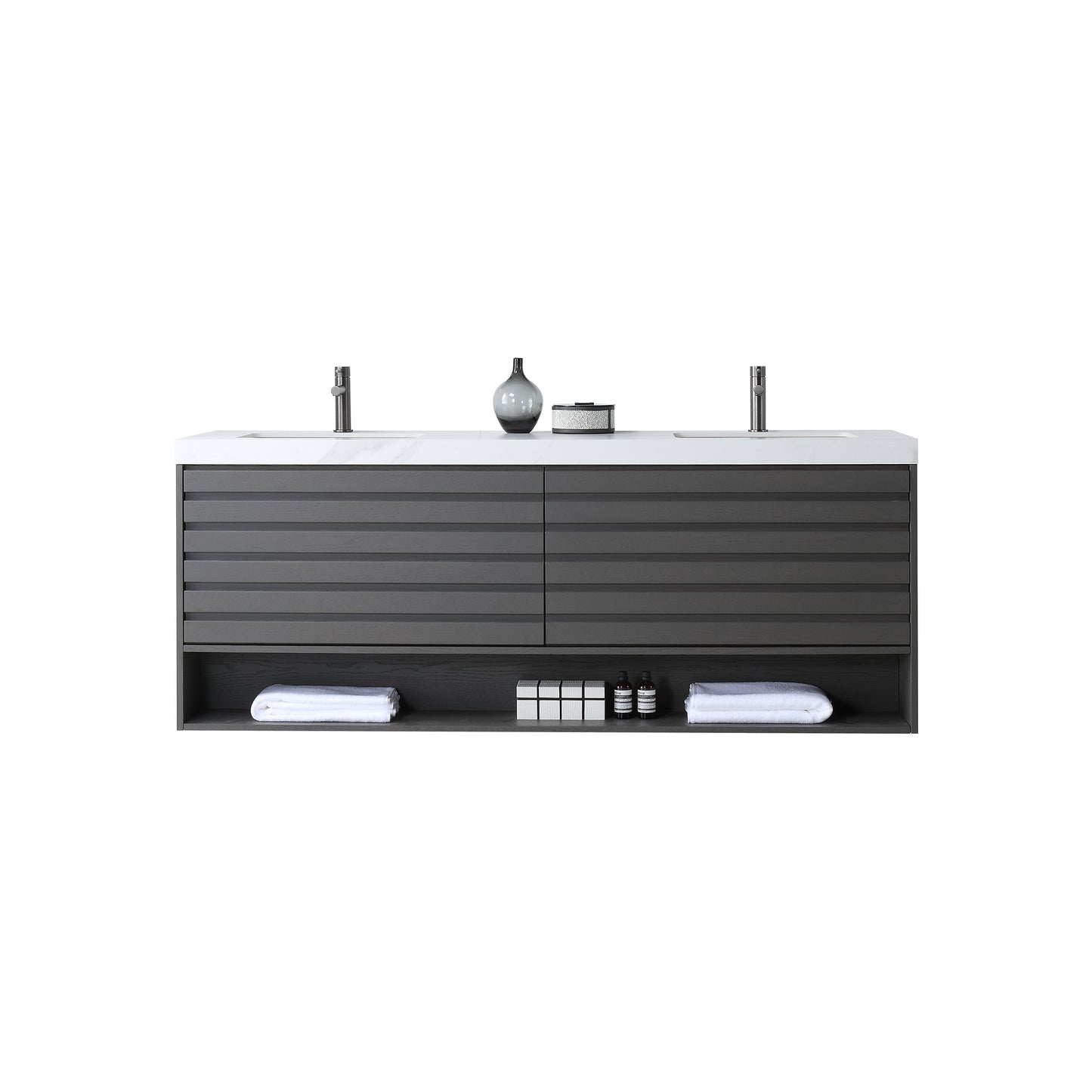 MATERA 72” CHARCOAL WALL MOUNT MODERN BATHROOM VANITY (WHITE COUNTERTOP)