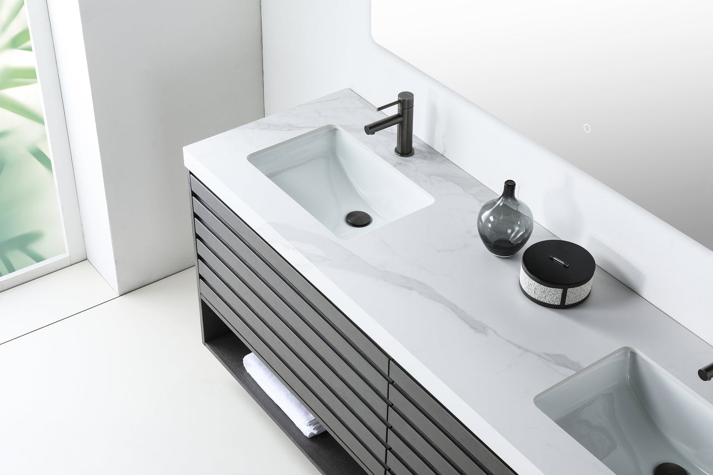 MATERA 72” CHARCOAL WALL MOUNT MODERN BATHROOM VANITY (WHITE COUNTERTOP)