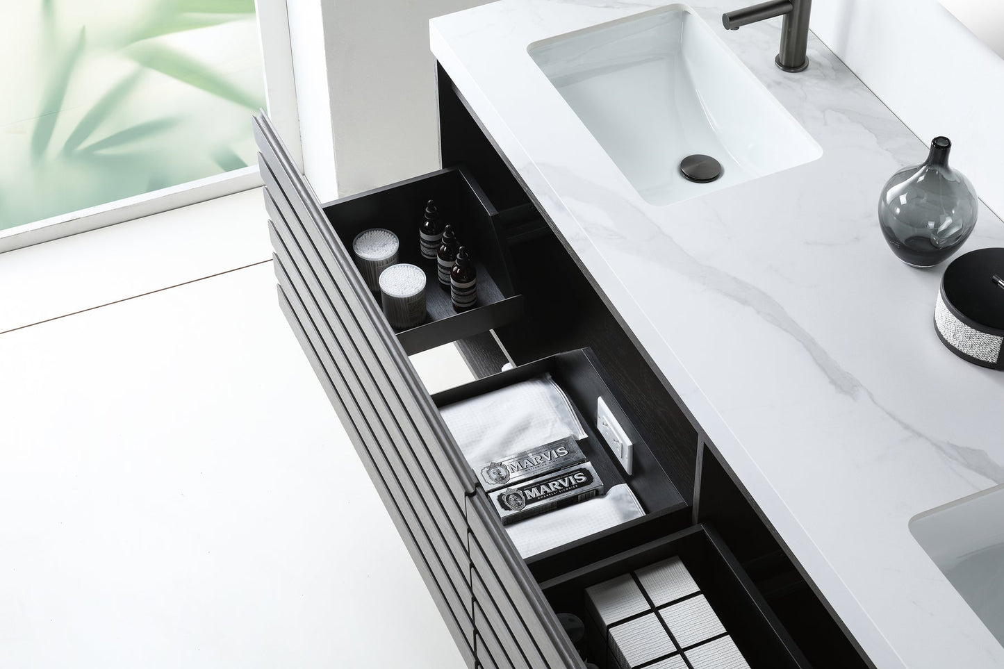 MATERA 72” CHARCOAL WALL MOUNT MODERN BATHROOM VANITY (WHITE COUNTERTOP)