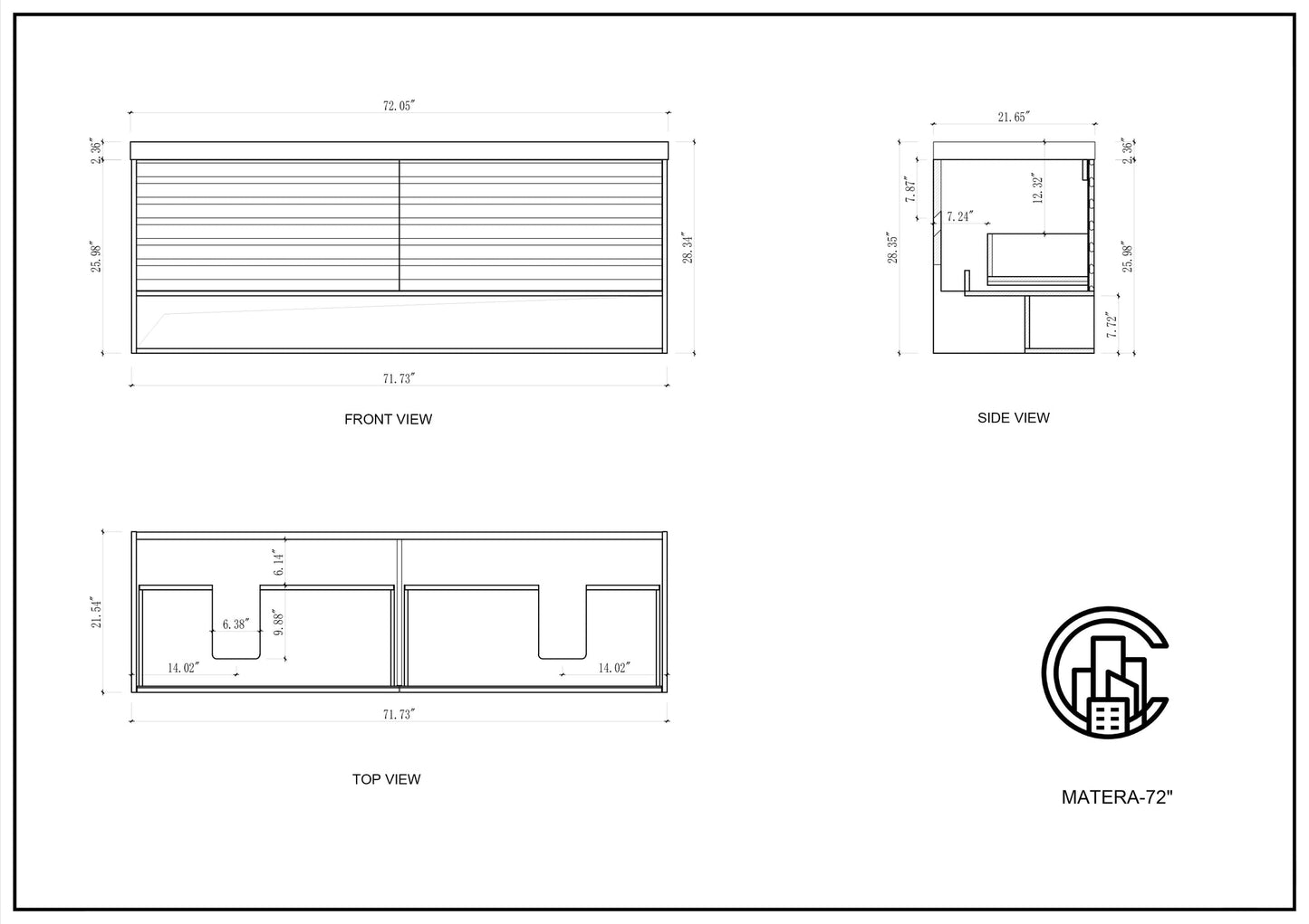MATERA 72” CHARCOAL WALL MOUNT MODERN BATHROOM VANITY (WHITE COUNTERTOP)