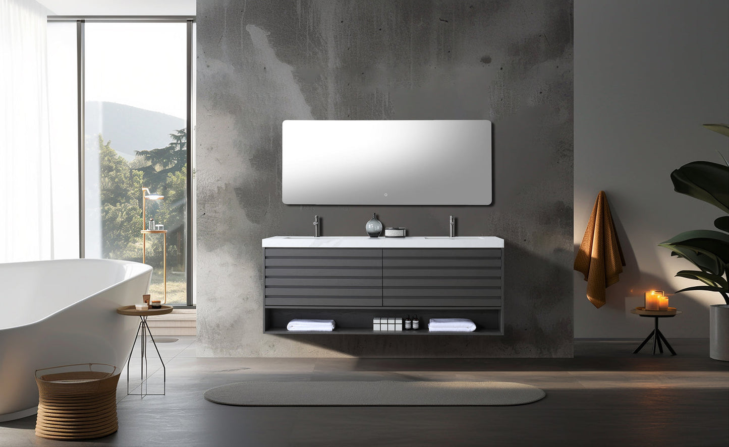 MATERA 72” CHARCOAL WALL MOUNT MODERN BATHROOM VANITY (WHITE COUNTERTOP)