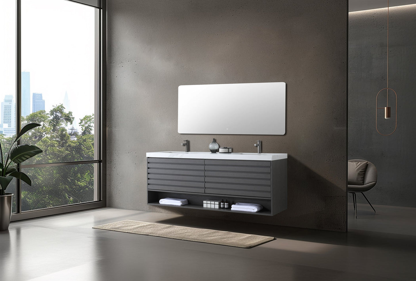 MATERA 72” CHARCOAL WALL MOUNT MODERN BATHROOM VANITY (WHITE COUNTERTOP)