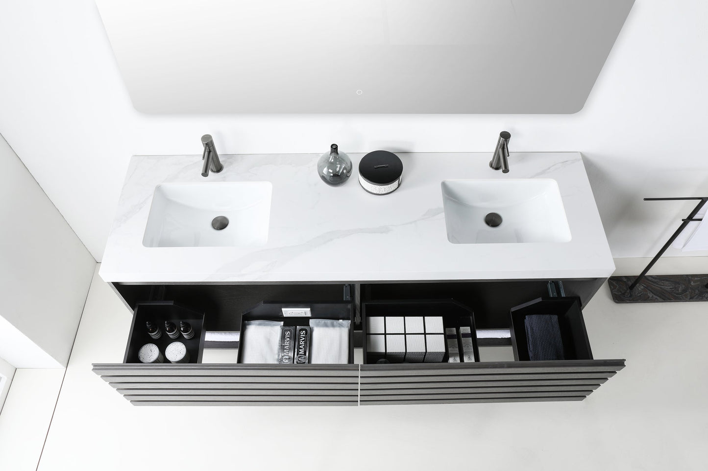 MATERA 72” CHARCOAL WALL MOUNT MODERN BATHROOM VANITY (WHITE COUNTERTOP)