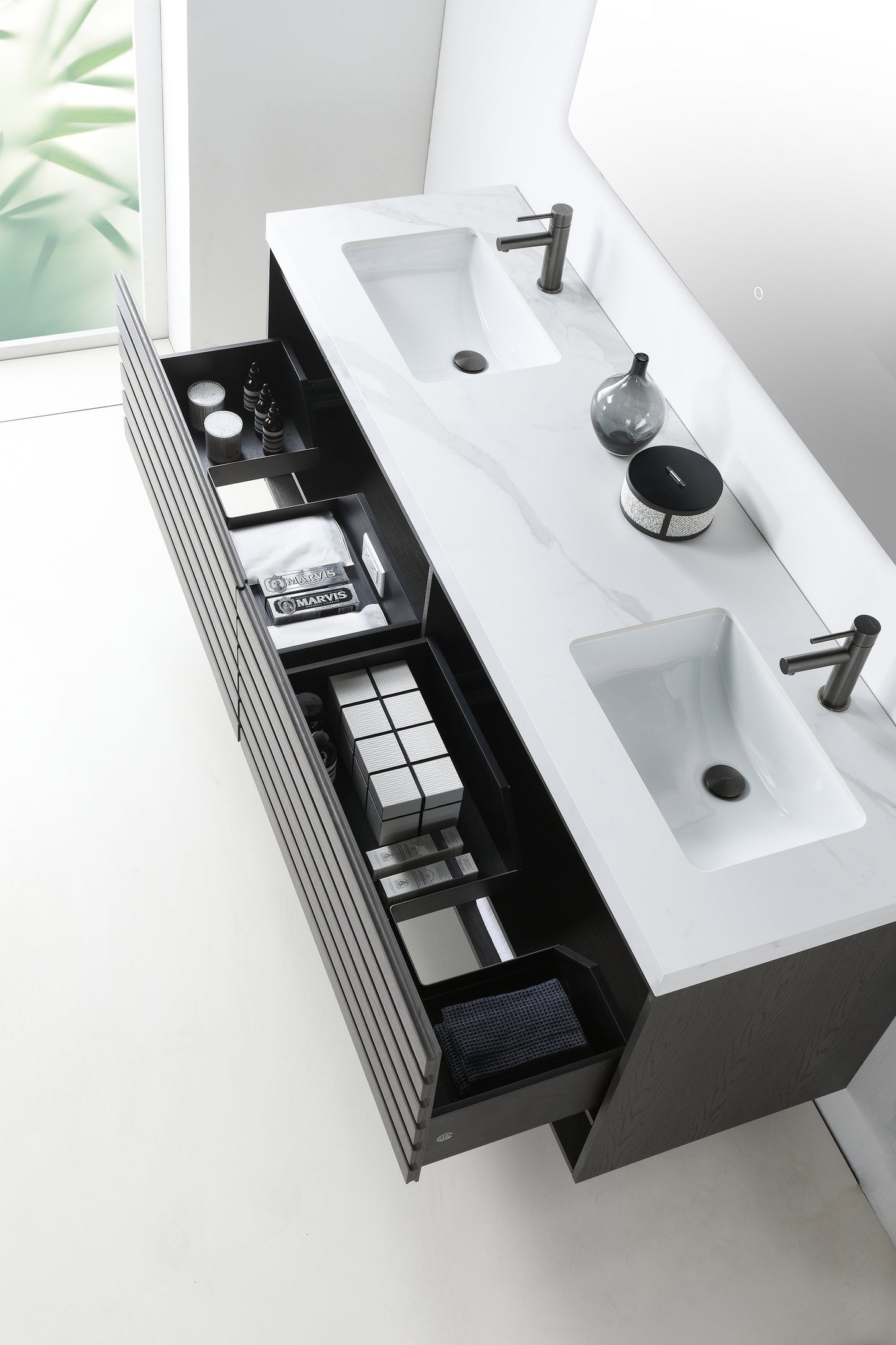 MATERA 72” CHARCOAL WALL MOUNT MODERN BATHROOM VANITY (WHITE COUNTERTOP)