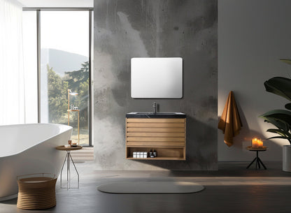 MATERA 36” PECAN OAK WALL MOUNT MODERN BATHROOM VANITY (BLACK COUNTERTOP)