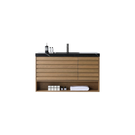 MATERA 48” PECAN OAK WALL MOUNT MODERN BATHROOM VANITY (BLACK COUNTERTOP)