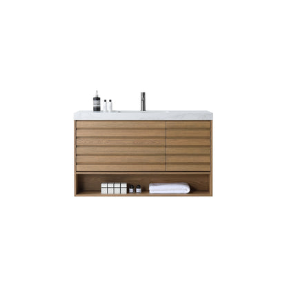 MATERA 48” PECAN OAK WALL MOUNT MODERN BATHROOM VANITY (WHITE COUNTERTOP)